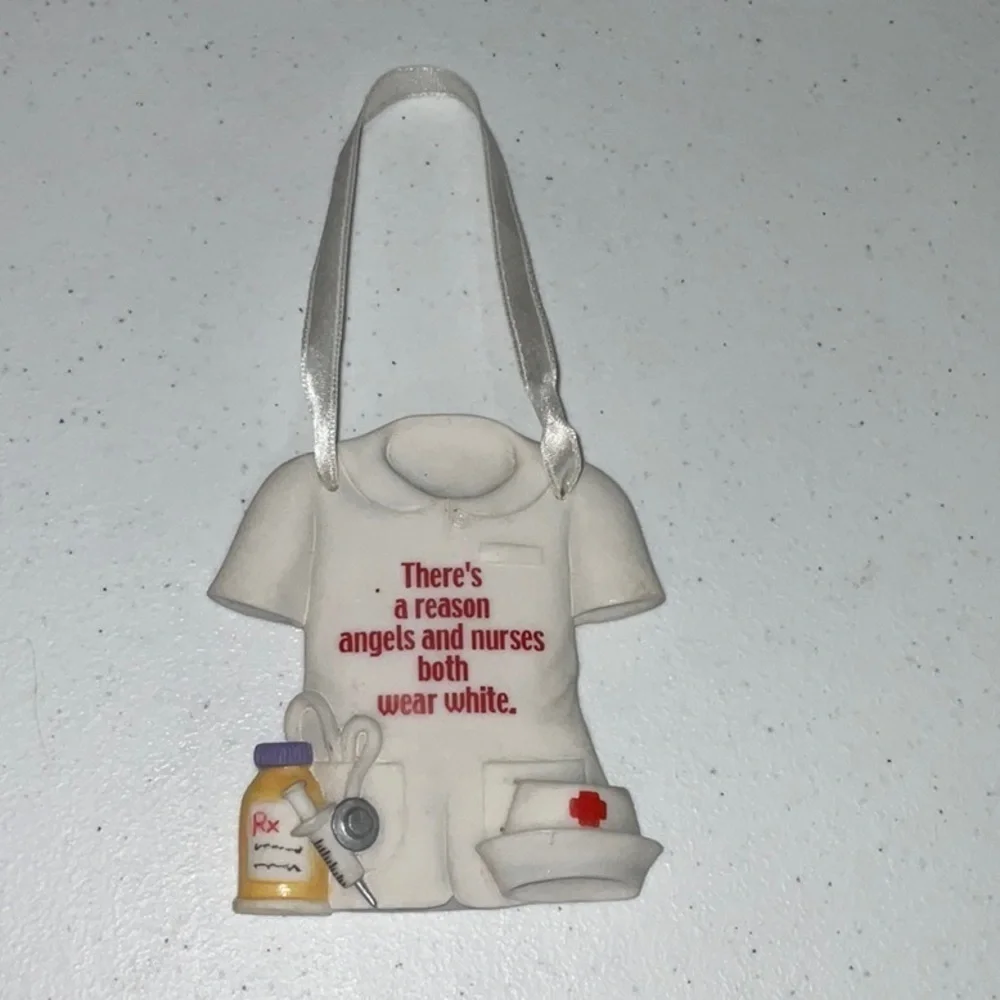 White Nurse Ornament with Red Text